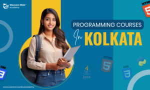 Young woman with laptop promoting programming courses in Kolkata with HTML, CSS, Java icons.
